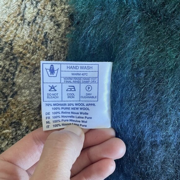 Donegal Design Plaid Mohair Wool Scarf 10"x66" Blue Green Handcrafted in Ireland - Picture 3 of 6